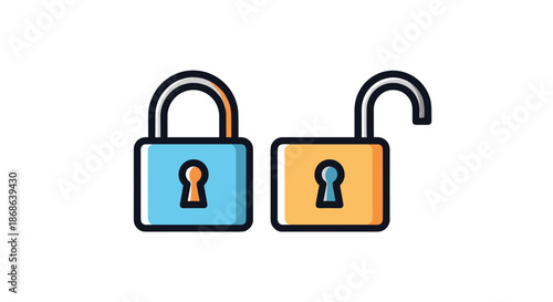 Two padlock icons side by side showing one in a locked state and the other unlocked to represent security, privacy, and access.
