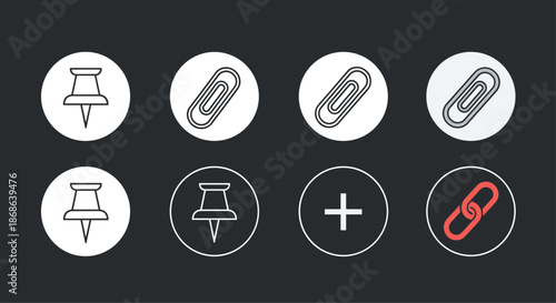 Set of office tool icons including push pins, paper clips, plus sign, and a red link symbol in circular buttons on a dark background.