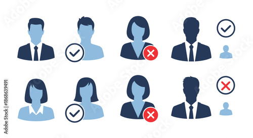 Collection of male and female user profile icons with success checkmarks and failure red crosses for account verification and status.