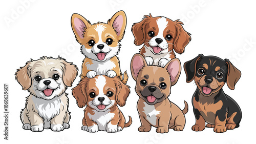 A delightful group of six adorable cartoon puppies smiling brightly with their tongues out