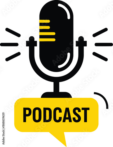 Modern podcast microphone icon with sound waves and a speech bubble displaying 'podcast'