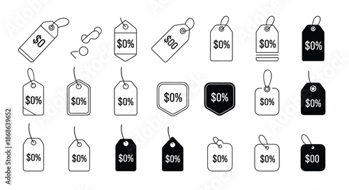 Large set of price tag icons in various shapes and styles featuring zero percent and dollar symbols for sales and discounts.