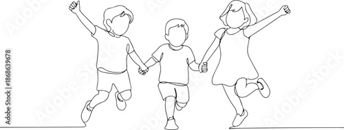 Happy jumping children holding hands. Continuous line drawing. Vector illustration on white background