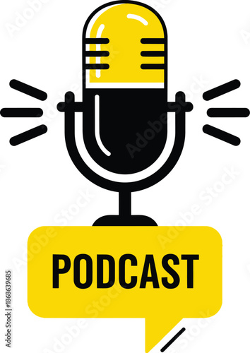 A bright yellow and black podcast microphone icon with sound waves and a speech bubble
