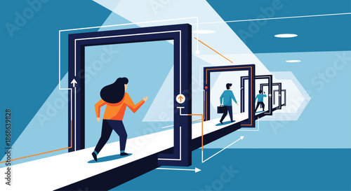 Determined woman running through a sequence of glowing square portals or frames symbolizing a career path, progress, or goal achievement.