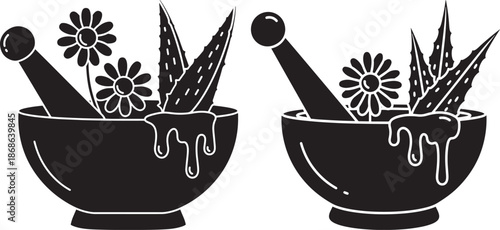 Silhouette of apothecary herbs in mortar set in art