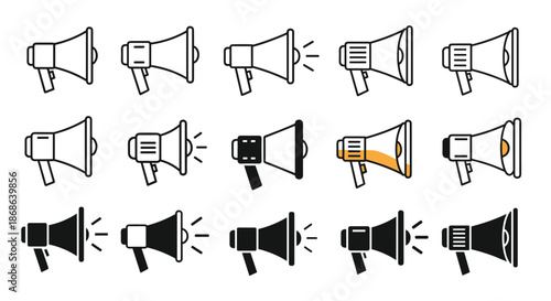 Extensive set of megaphone and loudspeaker icons in various styles including outline, solid, and sound wave variations for announcements.