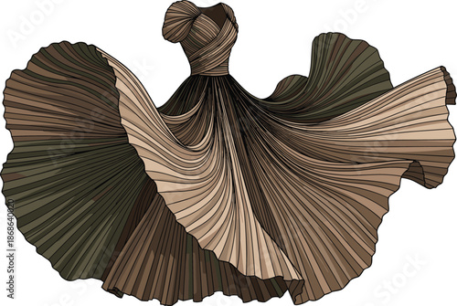 Elegant dress, fashion sketch, flowing skirt, pleated gown, wrapped bodice, earthy tones, brown, olive, graceful, flat vector illustration