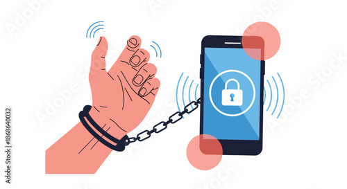 Illustration of a human hand chained to a smartphone showing mobile phone addiction technology dependency and digital security concepts.