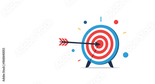 Bullseye target with an arrow hit right in the center surrounded by colorful abstract decorative circles representing goal achievement.