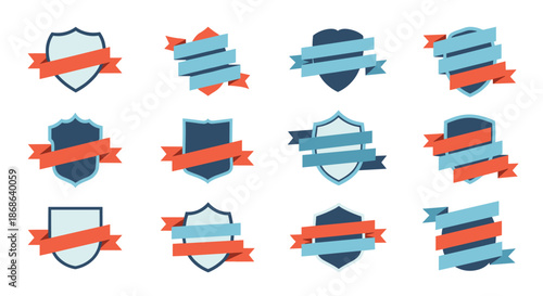 Set of heraldic shield icons with colorful blank ribbons for text placement used for awards achievements and security symbols.
