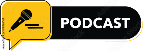 Modern podcast banner design with microphone and speech bubble icon