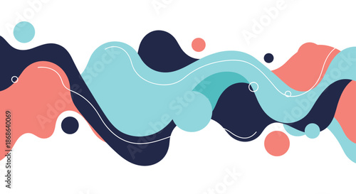 Abstract background with fluid wavy shapes in blue coral and dark navy colors representing energy movement and dynamic flow.