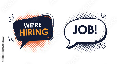 Colorful speech bubbles with halftone patterns announcing job vacancies and recruitment opportunities for new employees and staff.