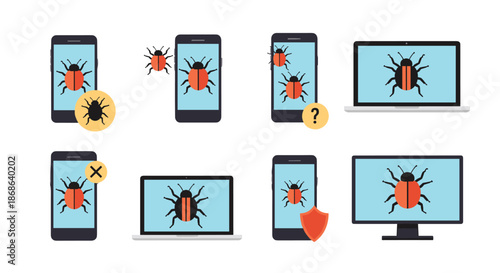 Set of computer and mobile device screens displaying bug icons representing software errors cyber security threats and malware.