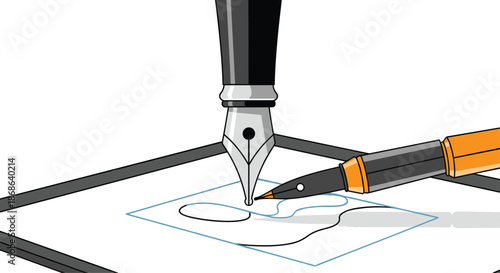 Two professional fountain pens sketching digital artwork on a tablet screen representing creativity and graphic design work.