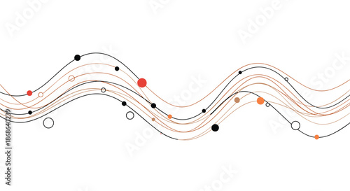 Abstract background with flowing wavy lines and small colorful dots representing network connections and data flow concepts.
