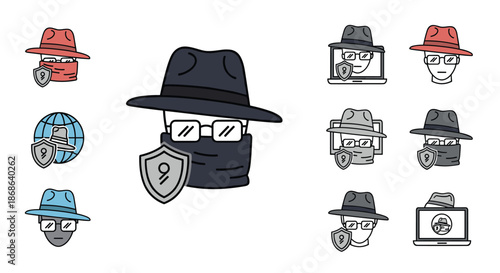 Collection of hacker and cyber security icons featuring characters in hats and glasses with shield and world map symbols.