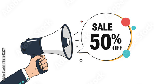 Hand holding a megaphone with a speech bubble announcing a fifty percent off sale for retail marketing and promotions.