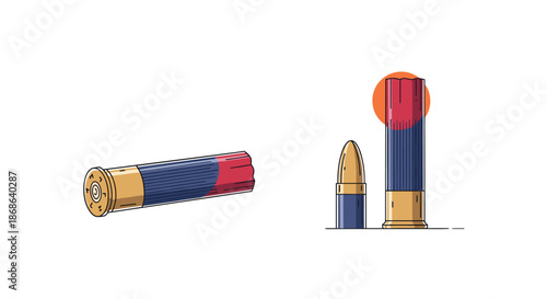 Illustration of a shotgun shell and a handgun bullet representing ammunition weaponry and ballistics for sports or hunting.
