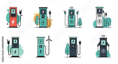 Set of colorful electric vehicle charging station icons with different styles and power symbols for sustainable transport.