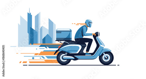 Delivery person on a blue scooter riding through a stylized city landscape representing fast shipping and logistics services.