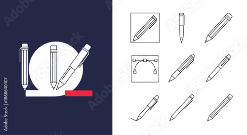 Set of drawing and writing tool icons featuring pencils fountain pens and vector path editing for design software.