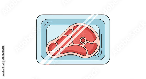 Illustration of a fresh piece of raw meat steak inside a plastic tray with transparent film wrap for food industry.