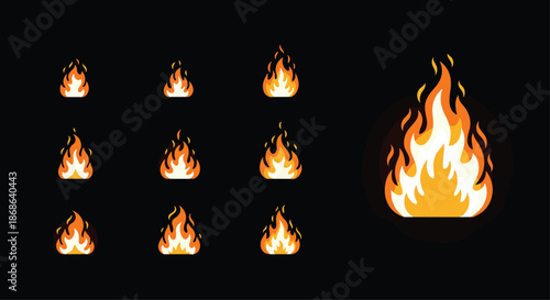 Sequence of fire flame animation frames in vibrant orange and yellow colors on a black background for game development or motion graphics.