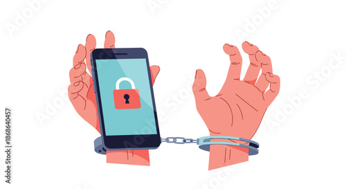 Conceptual illustration showing hands handcuffed to a smartphone with a lock on the screen representing phone addiction and digital slavery.