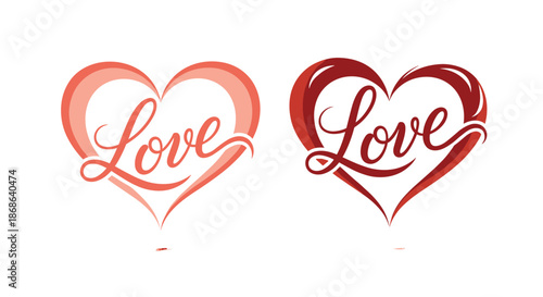 Romantic Love script calligraphy presented in two distinct heart shapes for Valentine Day greetings, weddings, and sentimental design projects.