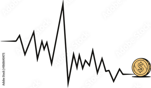 A black jagged line graph illustrating high market volatility or a heartbeat pulse, concluding with a gold dollar coin to signify potential profit after financial instability.