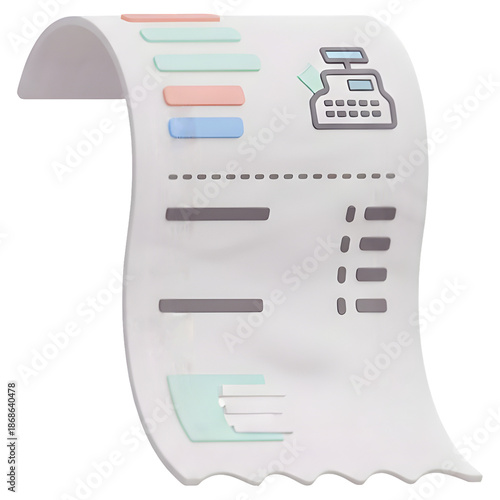 3D Render Receipt Icon with Cash Register Symbol