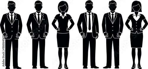 Professional Business Team Icons Set Featuring Diverse Men and Women in Formal Suits Silhouettes for Corporate Identity and Office Representation.