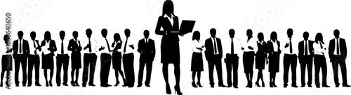 Professional Business Team Silhouette with Female Leader Holding Laptop standing out from Crowded Corporate Group of Diverse Office Workers Employees