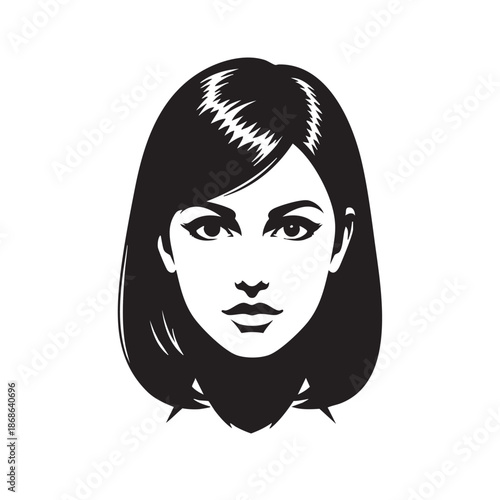 Stylized Frontal Face Silhouette of a Beautiful Woman with Mid Length Hair, Fashion and Beauty Vector Art for Cosmetics and Salon