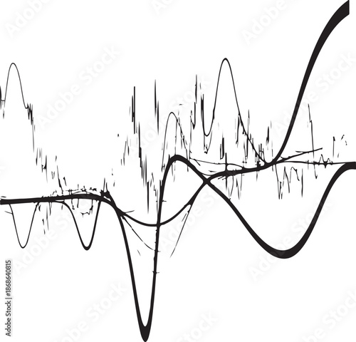 A complex black and white vector graphic featuring multiple overlapping line charts and wave patterns, illustrating high market volatility, data density, and intricate financial fluctuations.