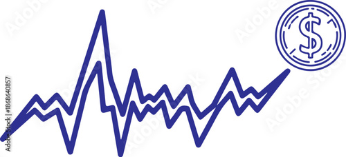 A jagged blue line graph representing market volatility or rapid stock fluctuations, trending upward toward a dollar coin to signify high-risk financial growth and potential profit.