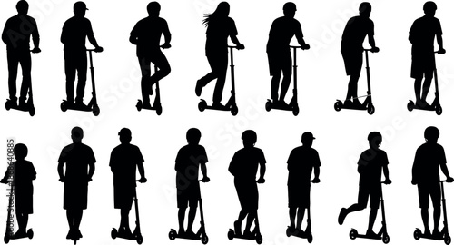 Set of black silhouettes of people riding electric kick scooters in various poses isolated on white background for urban transportation