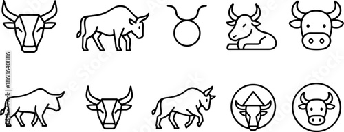 Ox zodiac icons set. Chinese New Year 2026 symbol, bull outline vector illustrations