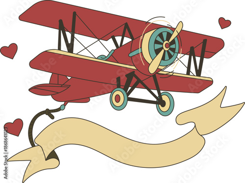 Vintage tattoo vector of a retro biplane with a blank ribbon banner. 1940s Americana aviation art in red, cream and teal for romantic messages, wedding invites, and old school travel designs.