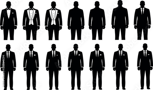 Set of formal men silhouettes wearing elegant suits tuxedos and bowties for wedding gala dinner party and professional business corporate events