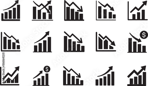 Increase and decrease icon set showing business growth and decline graph symbols, clean vector illustration.