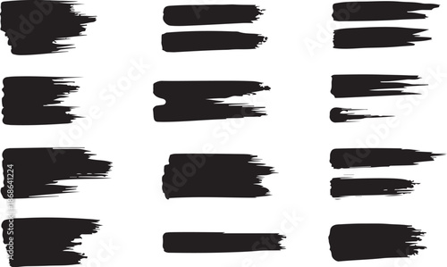 Ink splatter set, paint brush stroke kit, vector black grunge stain, graffiti texture liquid splash. Abstract dirty blob, messy shape drawing collection isolated on white. Ink splatter print element