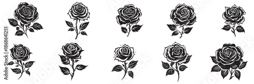Black and white rose silhouette set on a white background. Vector illustration.