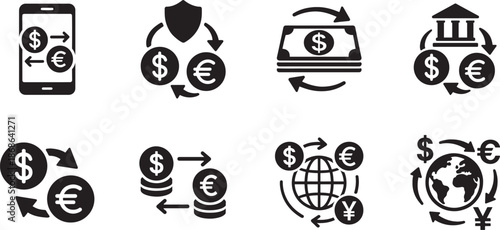 Exchange rate icon vector collection set with currency conversion, forex symbols, editable outline EPS.