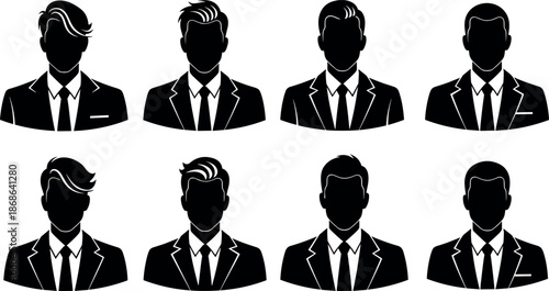 Set of professional male avatar silhouettes in suits and ties with various hairstyles for corporate identity profile icons and symbols