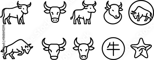 Ox zodiac icons set. Chinese New Year 2026 symbol, bull outline vector illustrations