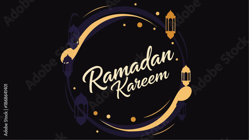 Modern flat vector illustration with a Ramadan theme on a deep dark background inspired by the night sky. Ideal for Ramadan greeting cards, posters, social media, and promotions.