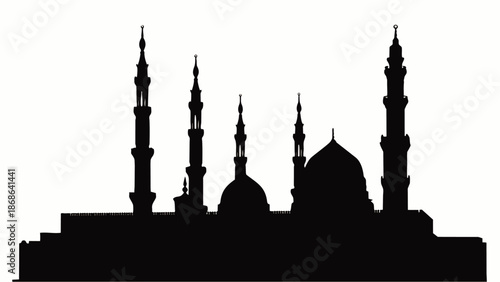 Flat vector illustration of silhouette of historic mosque building, Masjid An Nabawi
